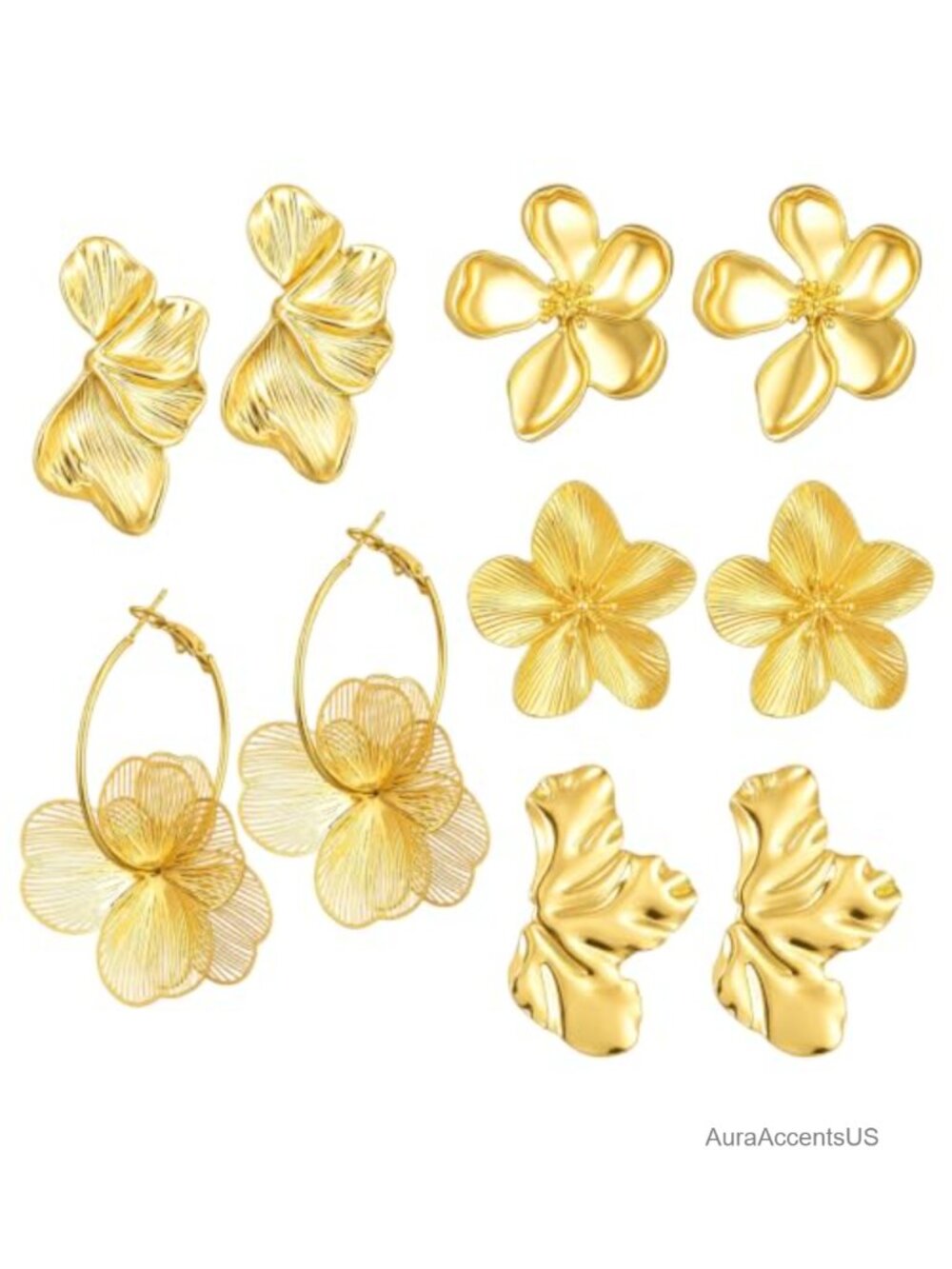 3D Flower Dangle Earrings Gold Metal Bohemian Statement Jewelry Set